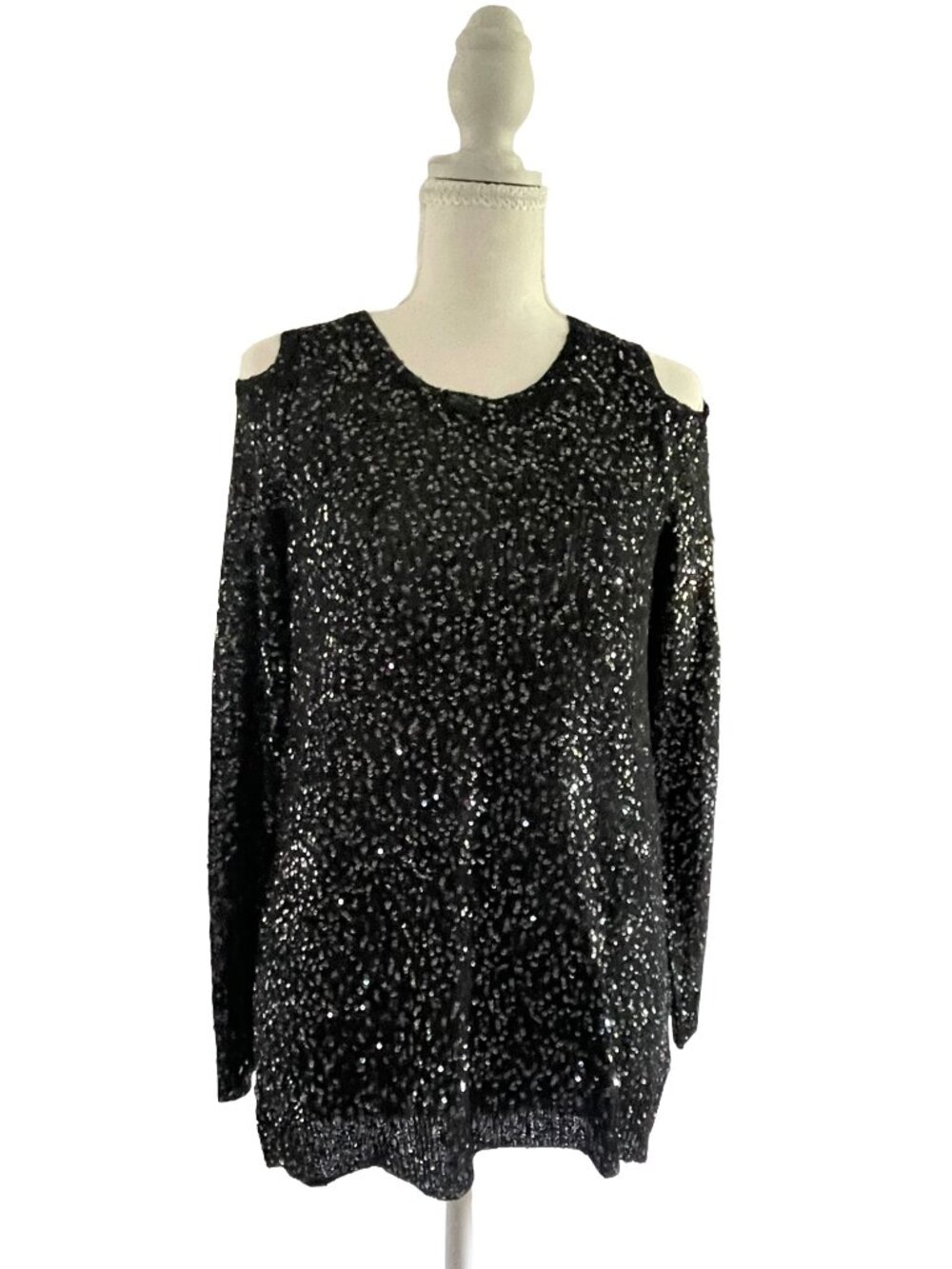 DKNYC Black Sequin Cold Shoulder Sparkle Sweater Top Small Party Holiday